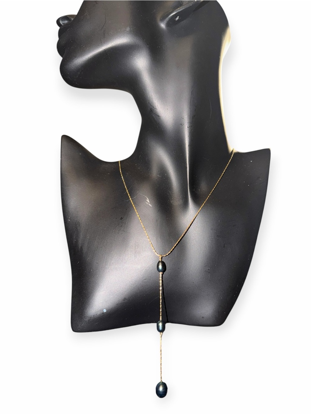 NWT 3 Drop Black Pearl Y-Necklace Gold Tone Delicate Chain